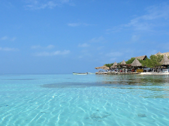 Aerial view of the Rosario Islands with white-sand beaches and crystal-clear Caribbean waters.