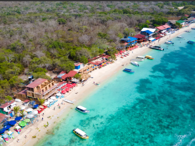 Aerial view of the Rosario Islands with white-sand beaches and crystal-clear Caribbean waters.