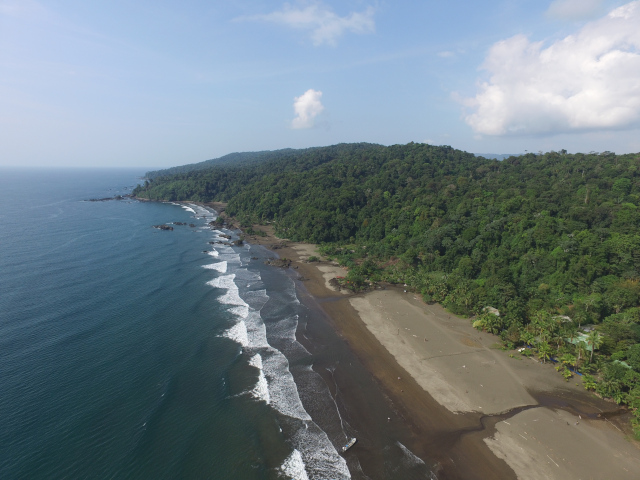 Aerial view of Bahía Solano's coastline surrounded by tropical rainforest and pristine beaches.